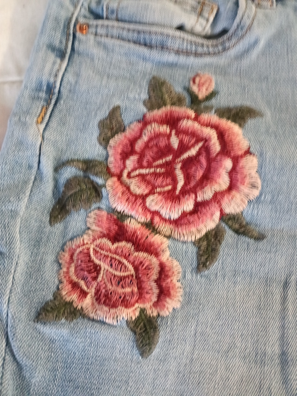 Streetwear Society Light Blue High Rise  Skinny Jeans with Pink Rose Embroidery